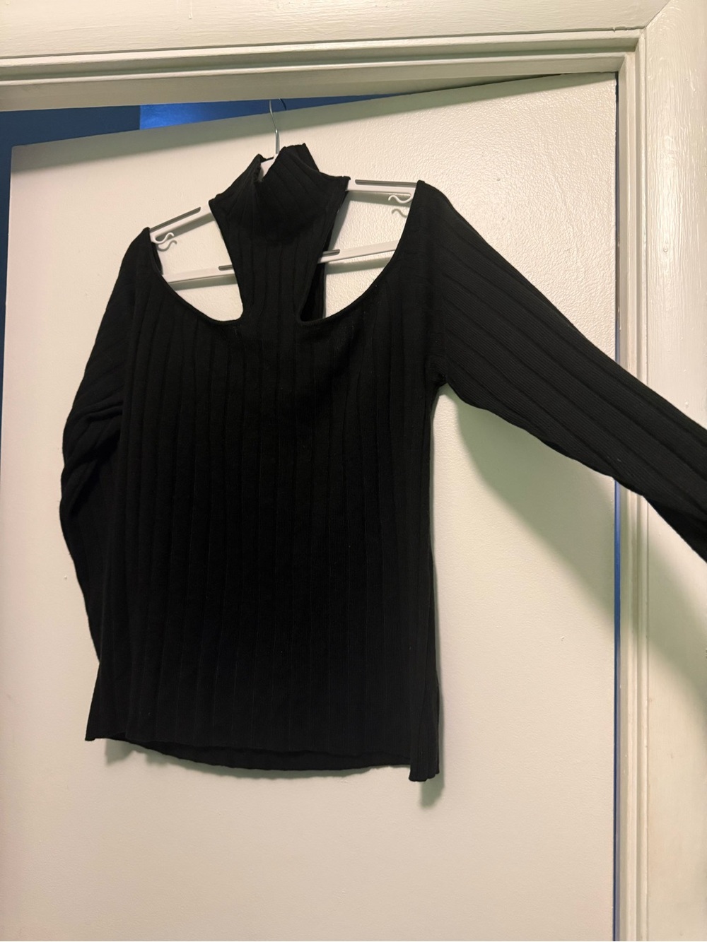 Fashion to Figure Black Ribbed Cold-Shoulder Mock Neck Sweater